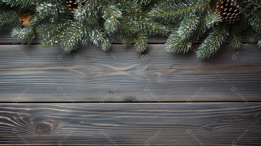 Mesa de madeira com decoração de pinheiros de natal