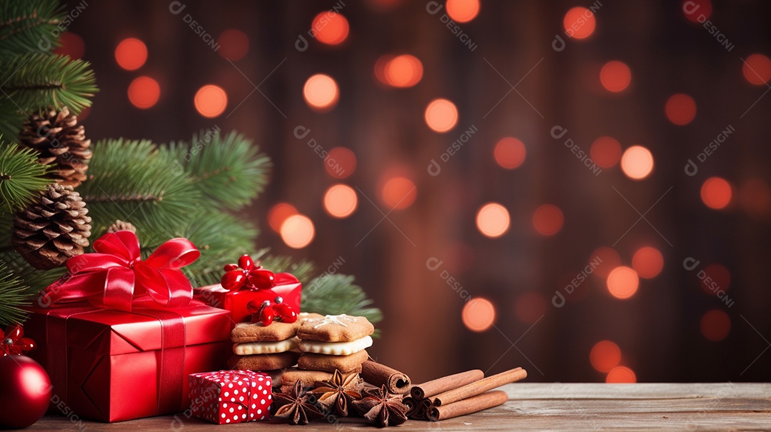 Fundo de presentes e ornamentações de natal