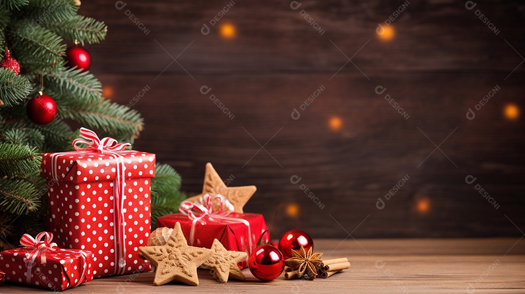 Fundo de presentes e ornamentações de natal