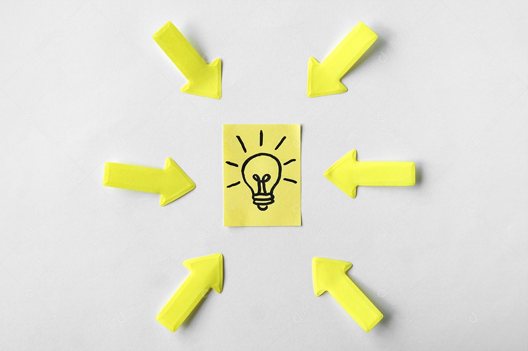 Várias setas de papel indicando post it desenhado ao meio