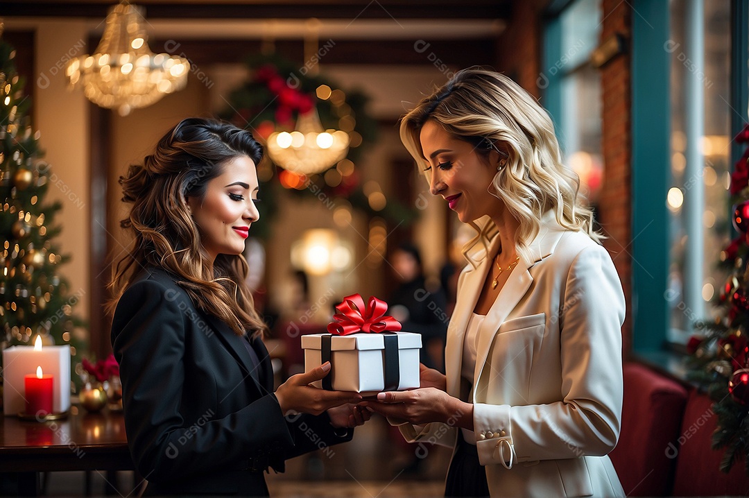 Bons amigos em um restaurante dando um pequeno presente decoração de natal
