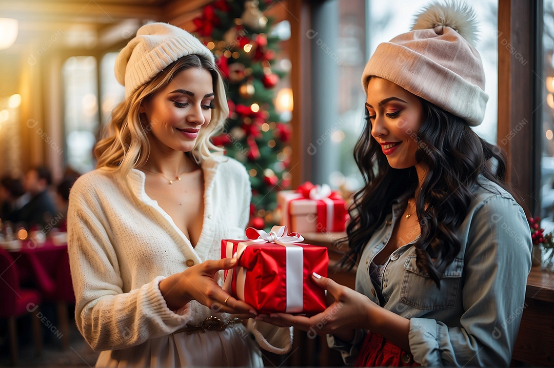 Bons amigos em um restaurante dando um pequeno presente decoração de natal