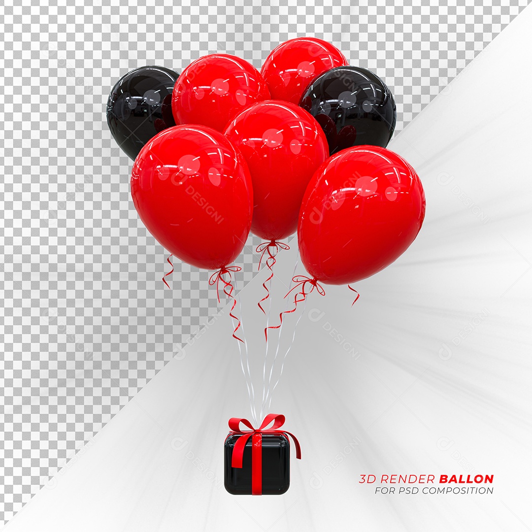 Caixa de Presente Balão Elemento 3D Preto Vermelho para Composição PSD