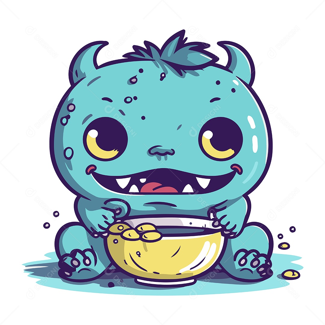 Monstro Fofo com Tigela Ilustração Vetor EPS
