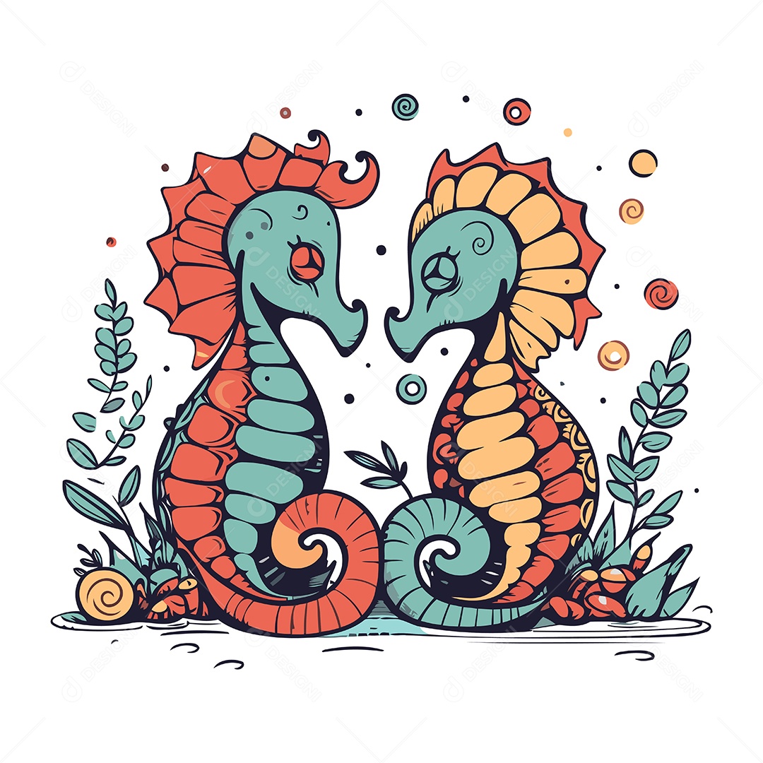 Cavalos Marinhos de Desenho Animado Ilustração Vetor EPS