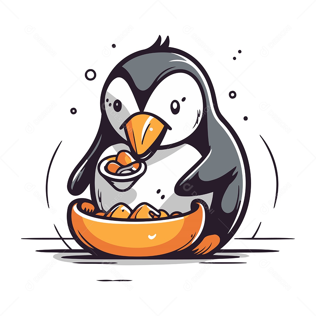 Pinguim Fofo com Tigela de Comida Ilustração Vetor EPS