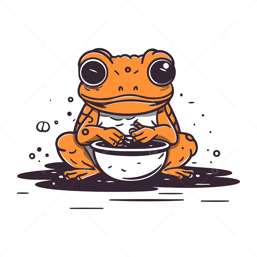 Sapo Fofo com Tigela Desenho Animado Ilustração Vetor EPS
