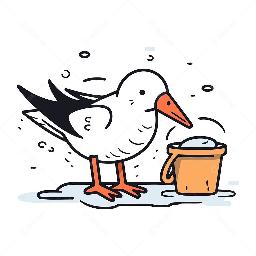 Gaivota de Desenho Animado com Balde Ilustração Vetor EPS
