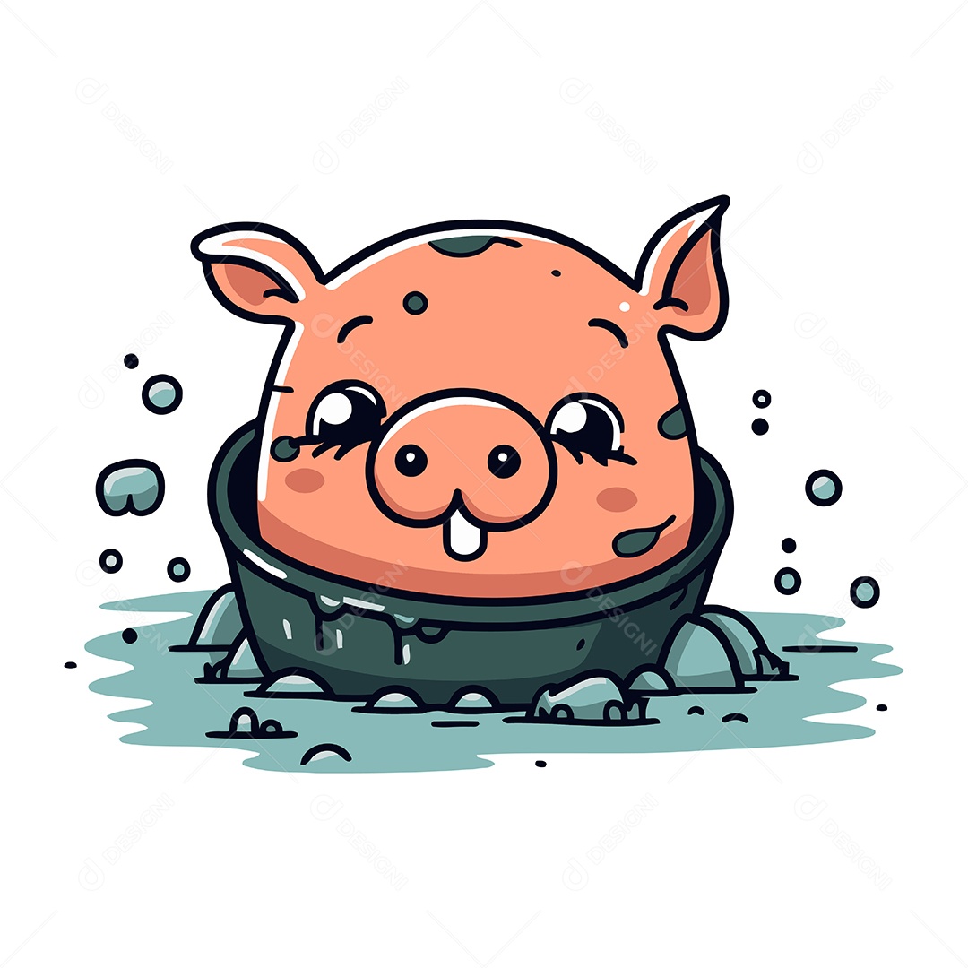 Porquinho Fofo em Tigela Desenho Animado Ilustração Vetor EPS