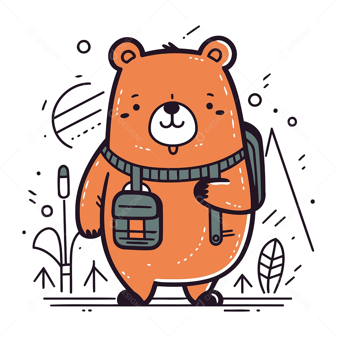 Urso Fofo de Desenho Animado com Mochila Ilustração Vetor EPS