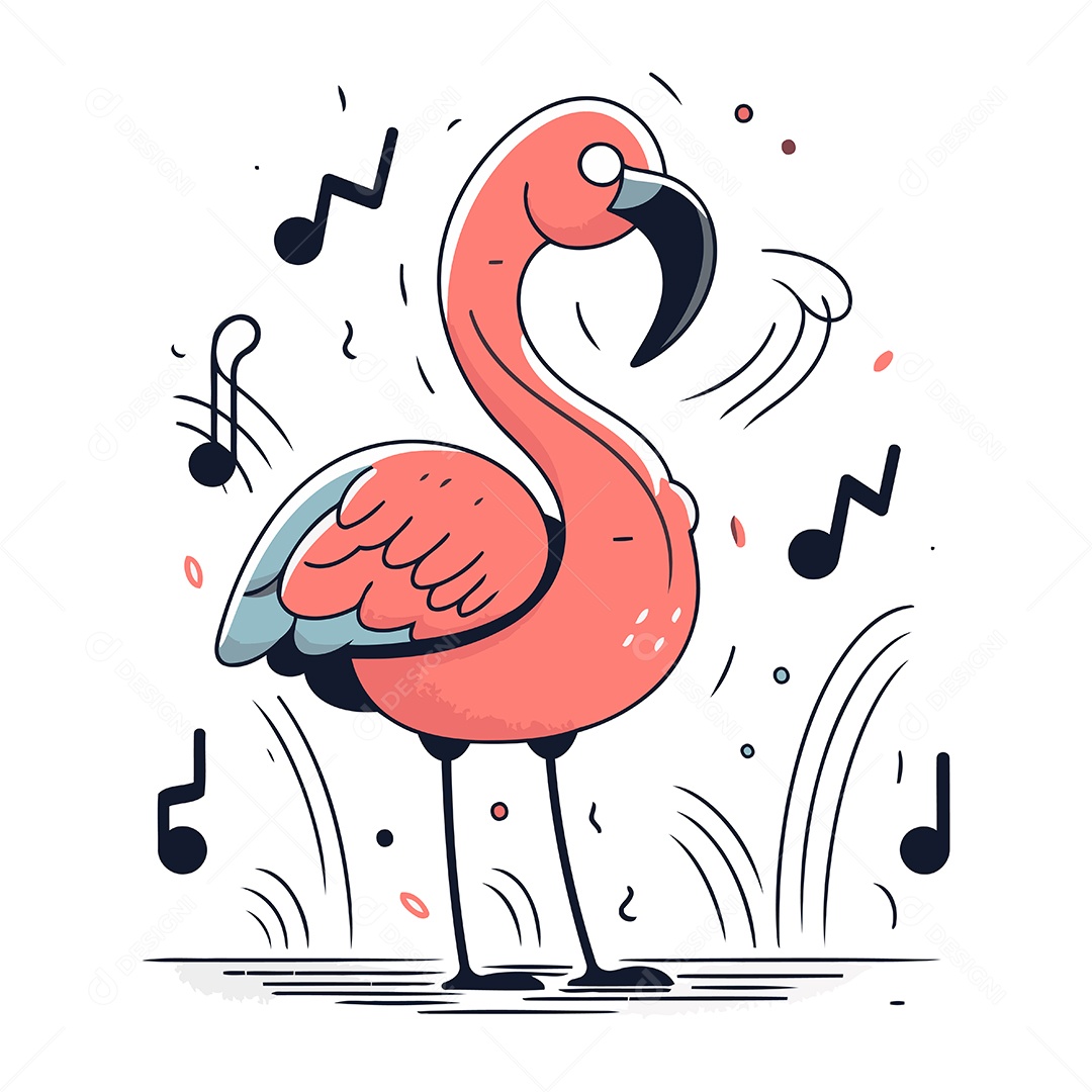 Flamingo com Notas Musicais Ilustração Vetor EPS