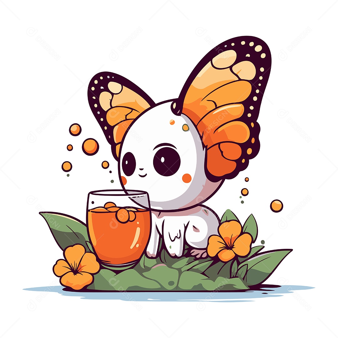Borboleta Fofa com um Copo de Suco Ilustração Vetor EPS