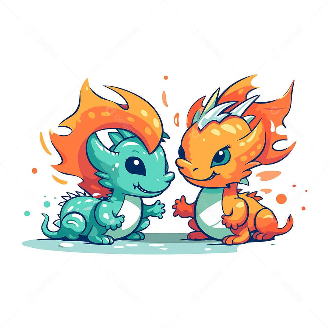 Lindo Casal de Dragões Desenho Animado Ilustração Vetor EPS