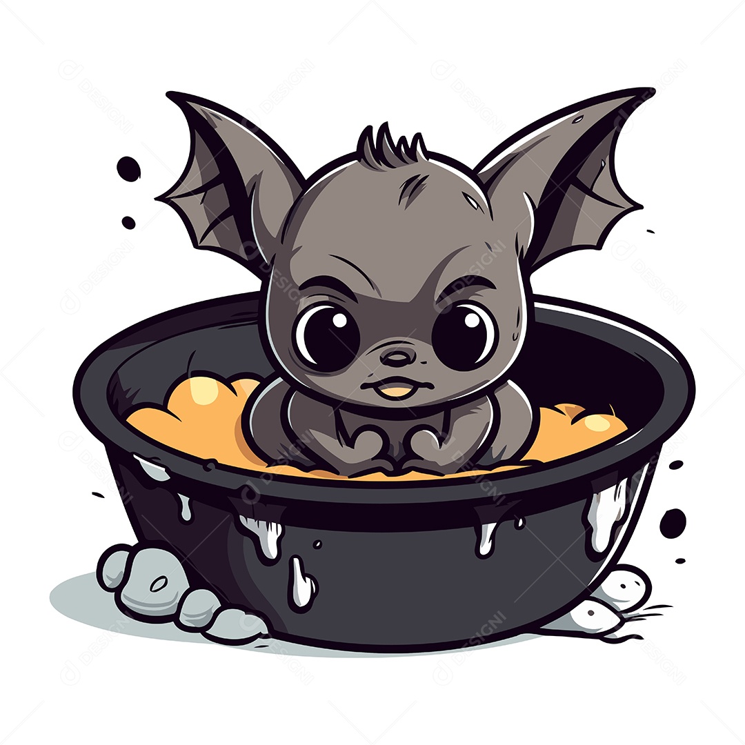 Morcego Fofo em uma Tigela Desenho Animado Ilustração Vetor EPS