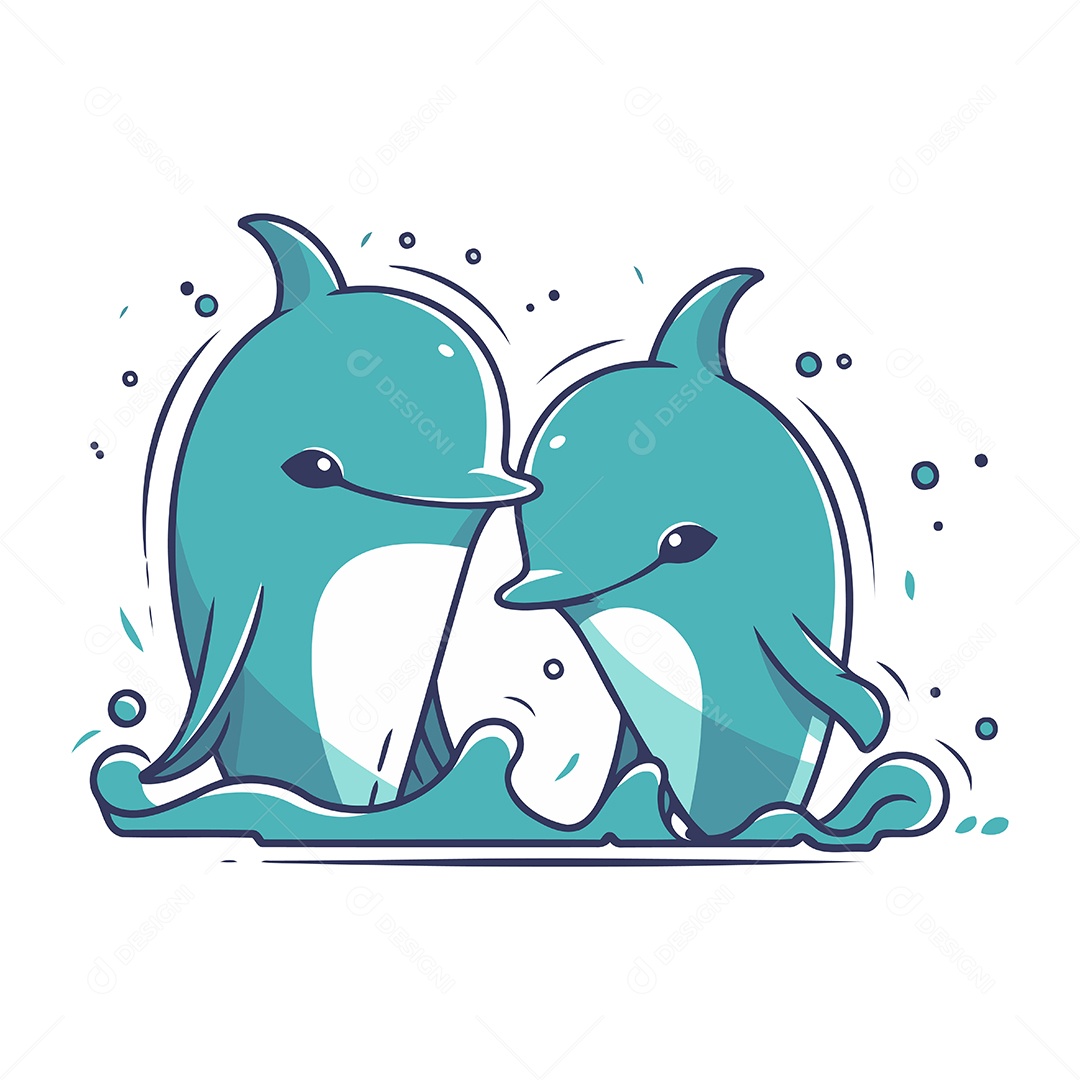 Lindo Casal de Golfinhos Desenho Animado Ilustração Vetor EPS