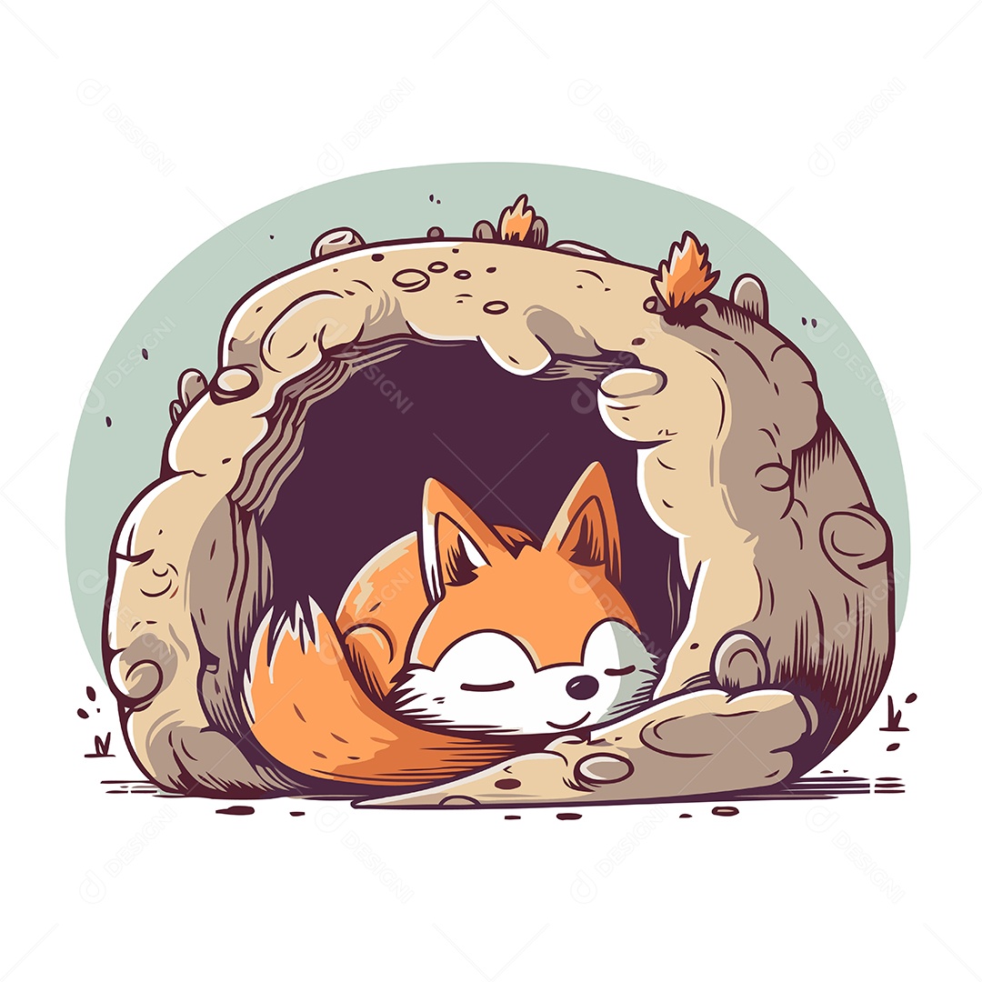 Raposa Fofa Dormindo em uma Caverna Ilustração Vetor EPS