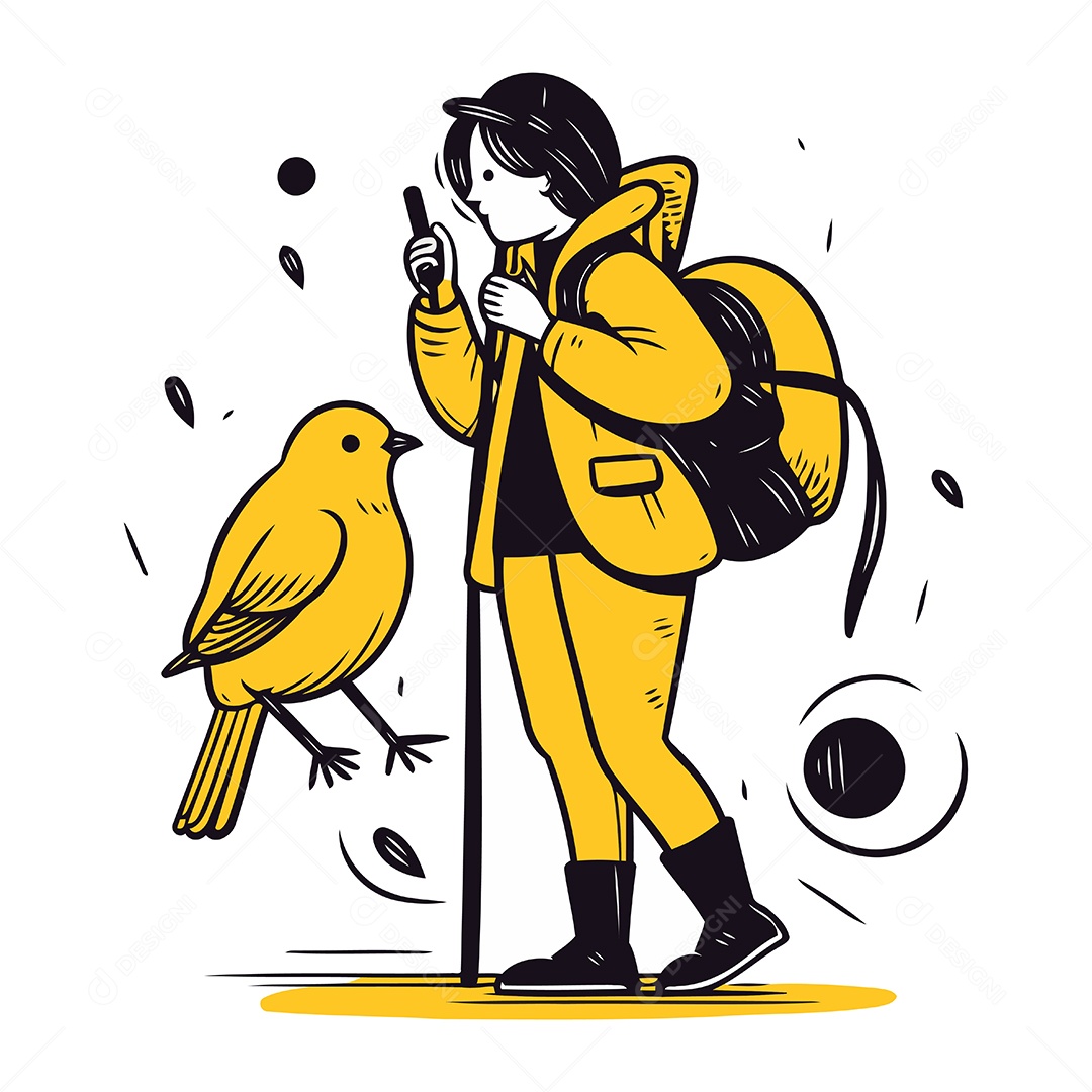 Turista com Mochila e Pássaro Ilustração Vetor EPS