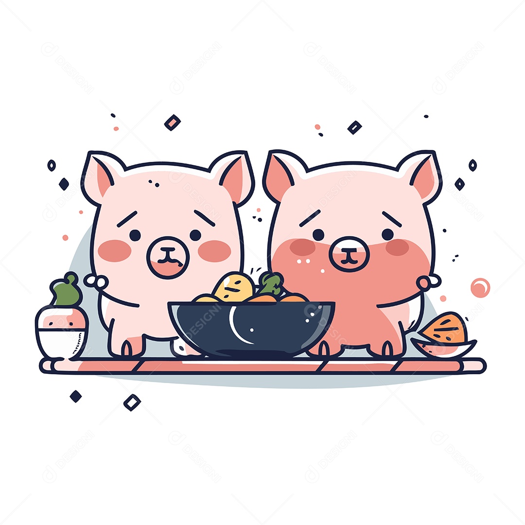 Porquinhos Fofo Comendo Comida Saudável Ilustração Vetor EPS