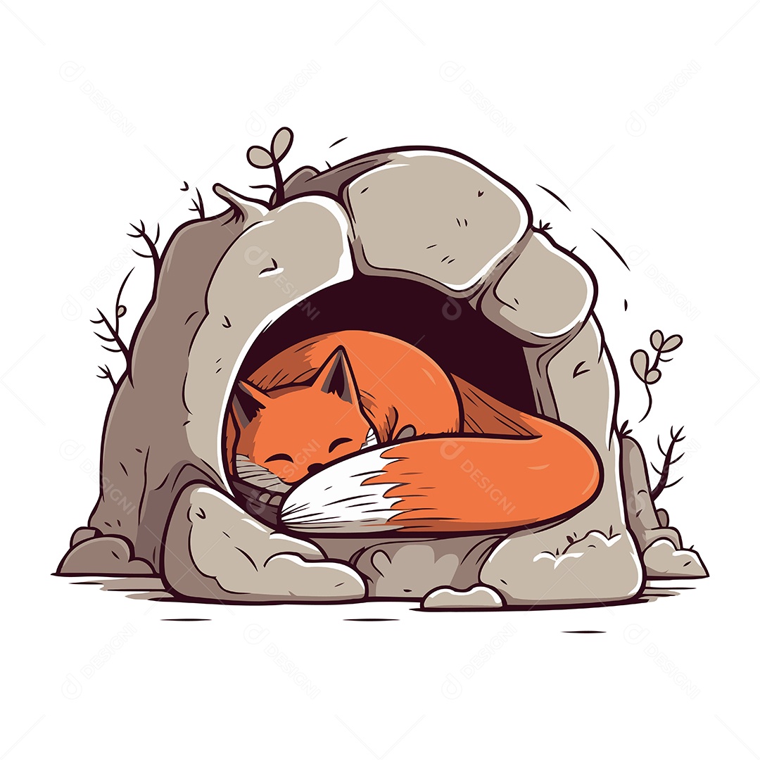 Raposa Fofa Dormindo em uma Caverna Ilustração Vetor EPS