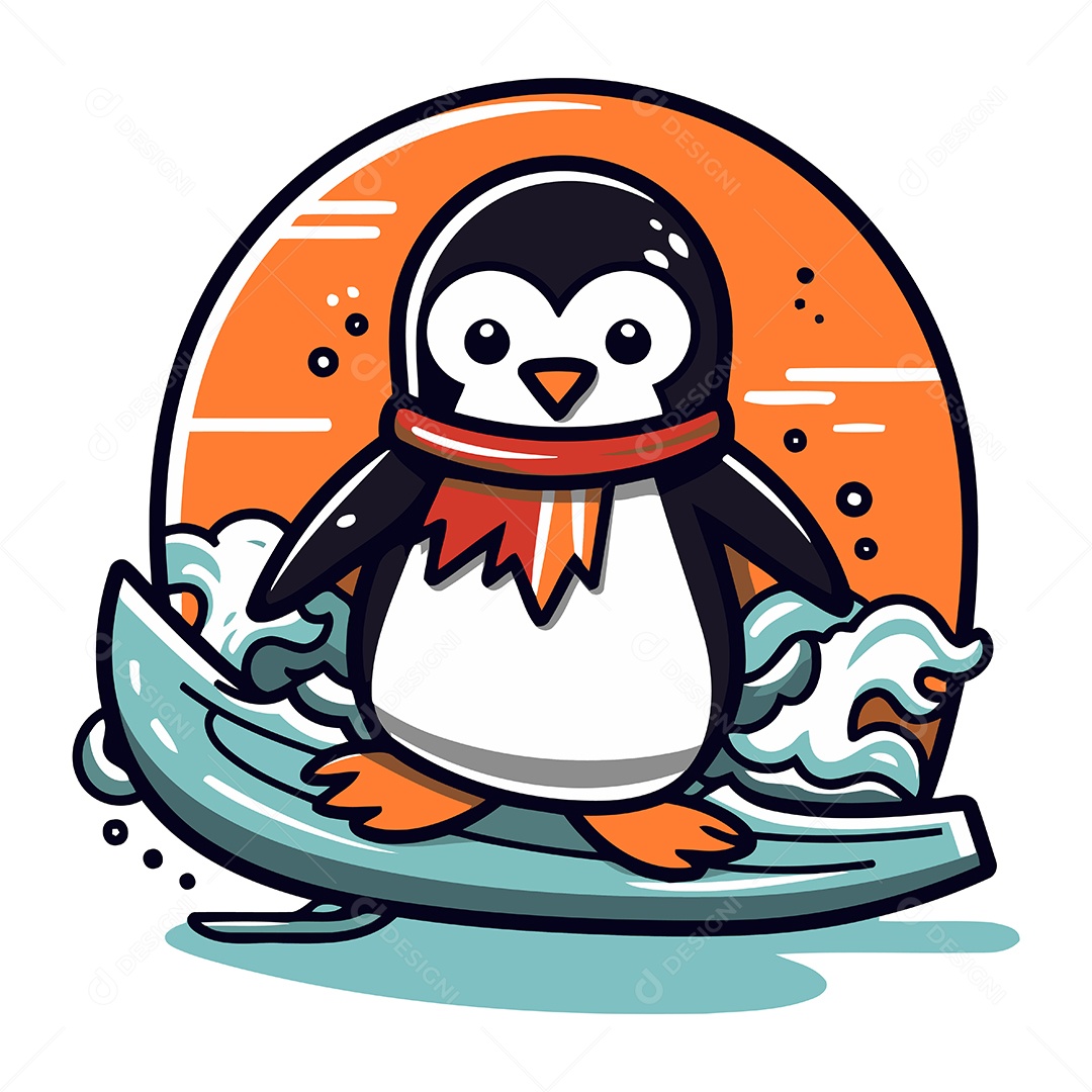 Pinguim Fofo Surfando na Prancha Ilustração Vetor EPS