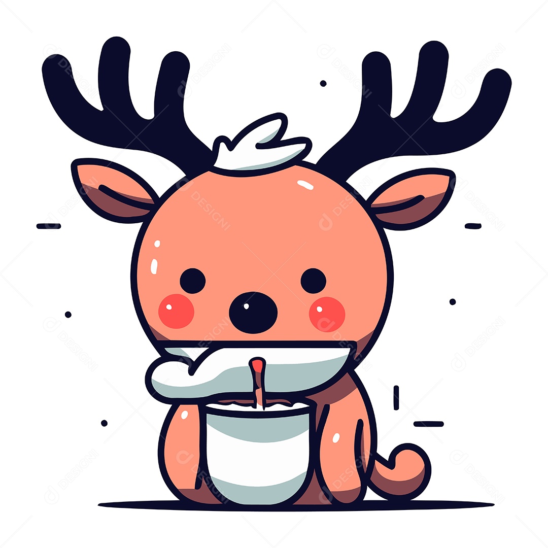 Rena Fofa com Uma Xícara de Café Ilustração Vetor EPS