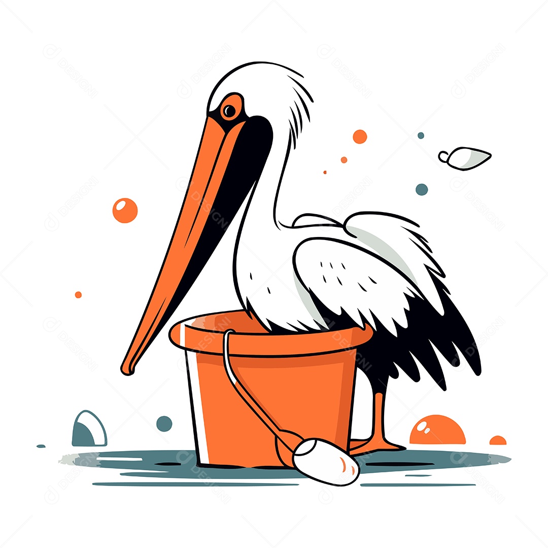 Pelicano com Balde de Desenho Animado Ilustração Vetor EPS
