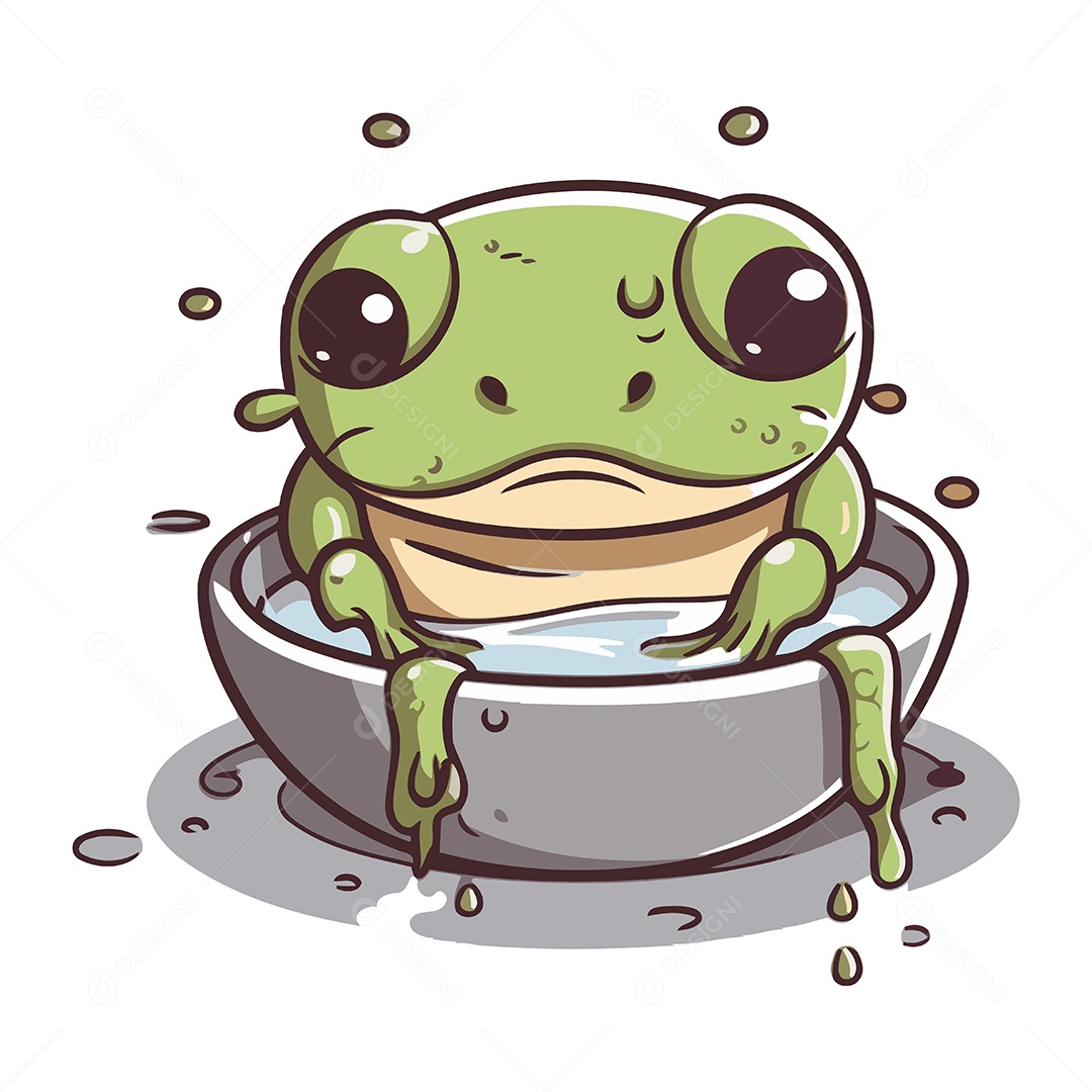 Sapo Fofo Sentado em uma Tigela com Água Ilustração Vetor EPS