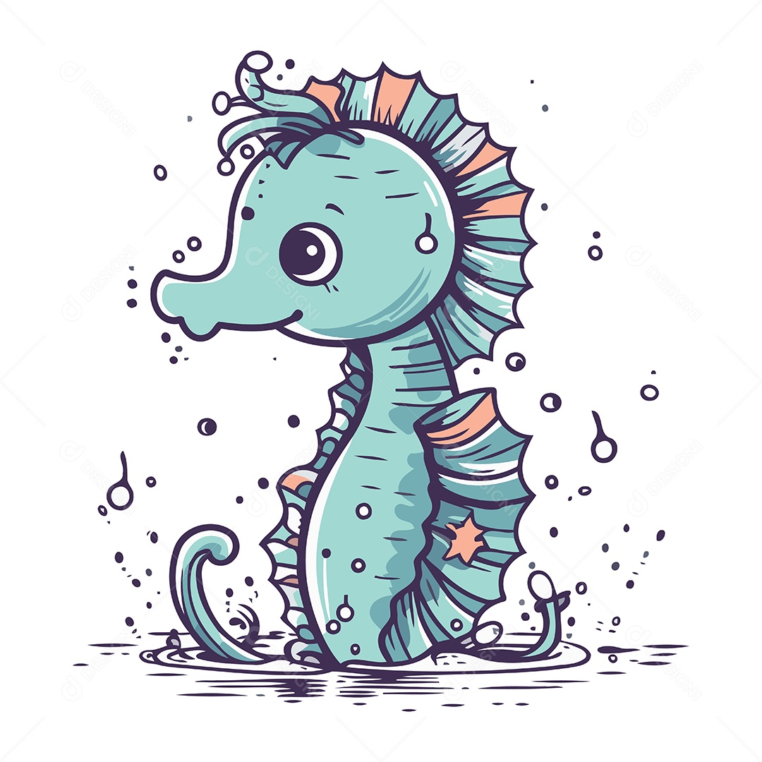 Cavalo Marinho Fofo de Desenho Animado Ilustração Vetor EPS