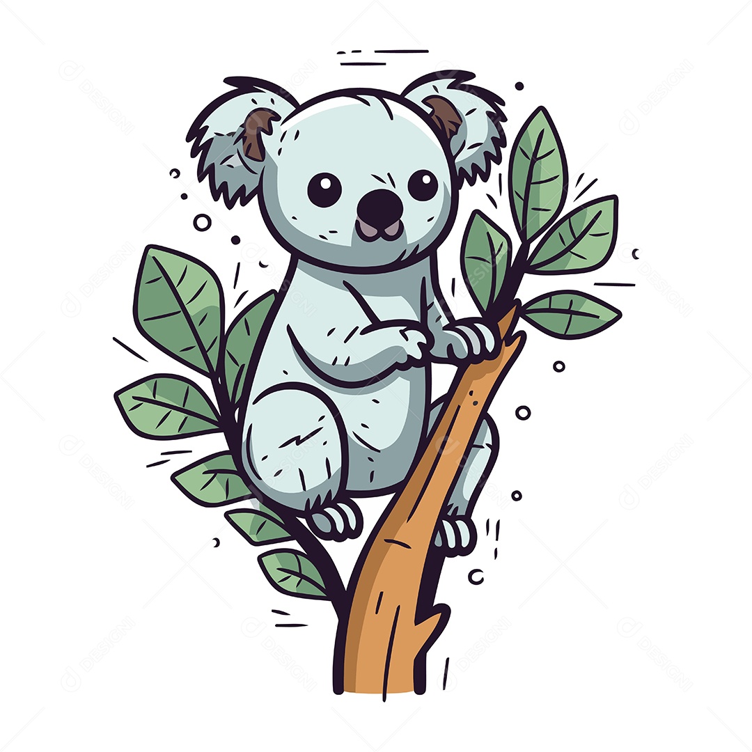 Coala Fofo Sentado em um Galho com Folhas Ilustração Vetor EPS