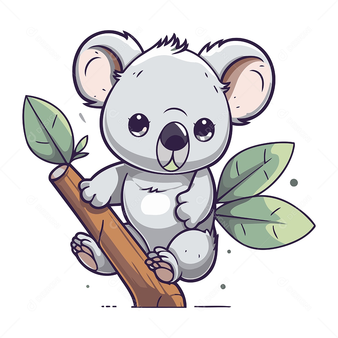 Coala Fofo Sentado em um Galho de Árvore Ilustração Vetor EPS