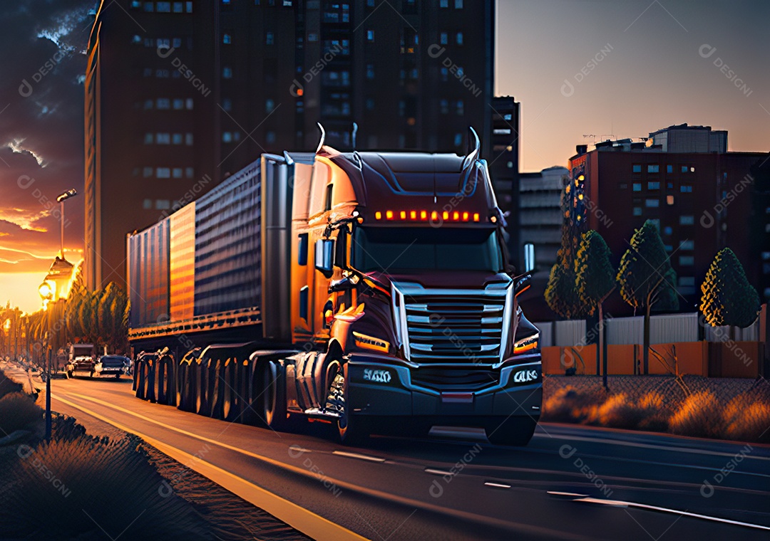 Caminhão moderno movendo-se por diferentes paisagens