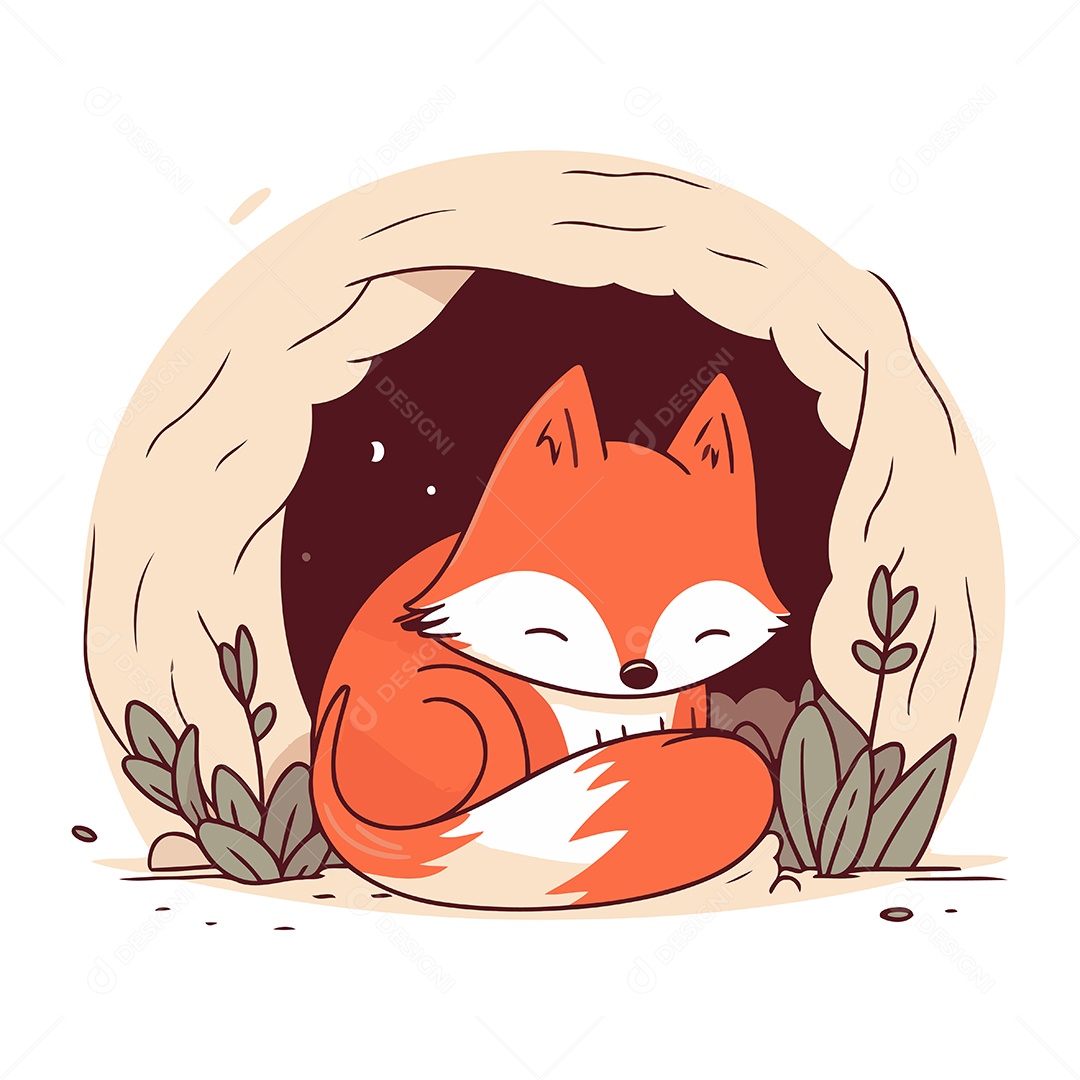 Raposa Fofa em uma Caverna Desenho Animado Ilustração Vetor EPS