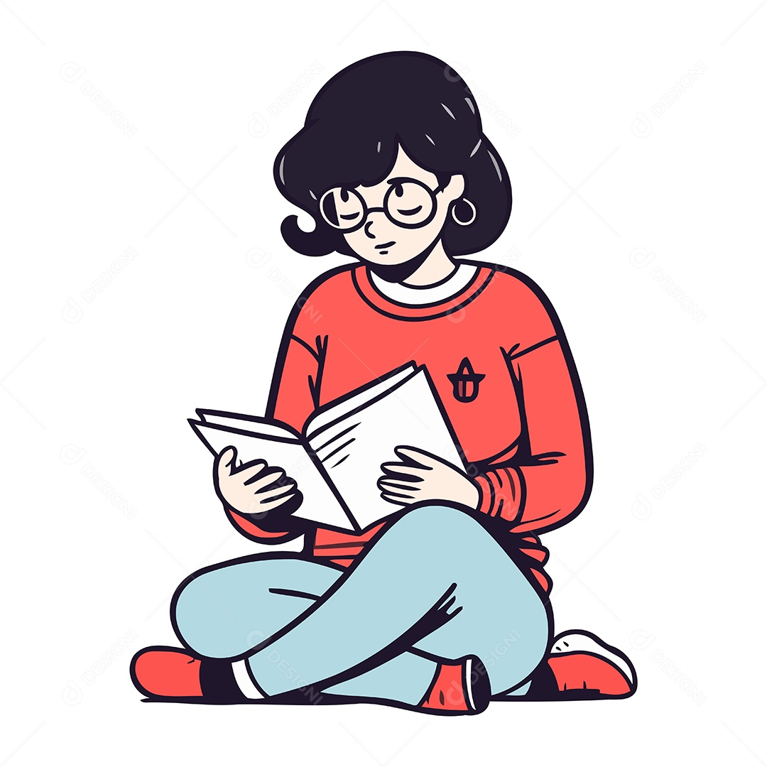 Menina Lendo um Livro de Desenho Animado Ilustração Vetor EPS