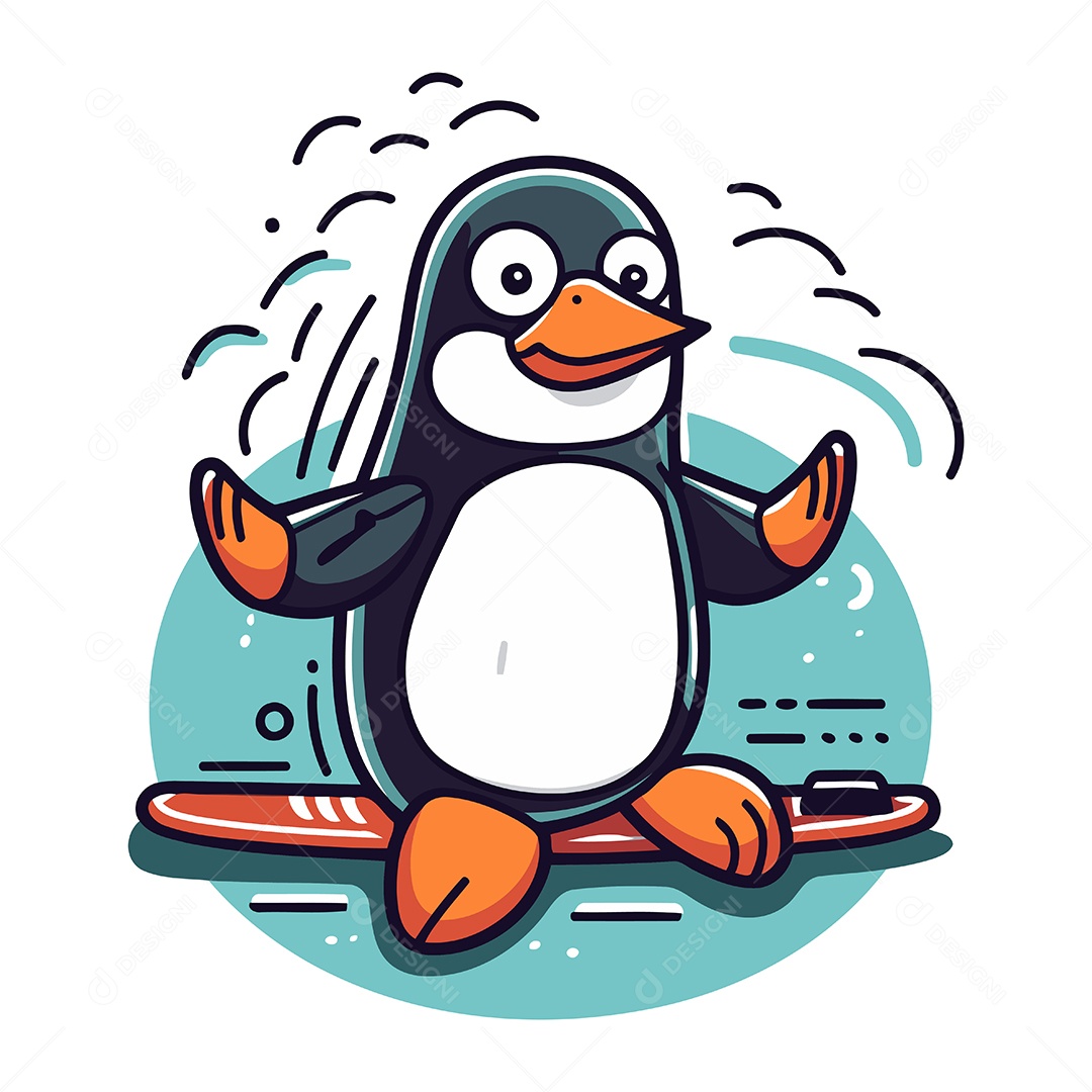 Pinguim Fofo em Esqui de Desenho Animado Ilustração Vetor EPS