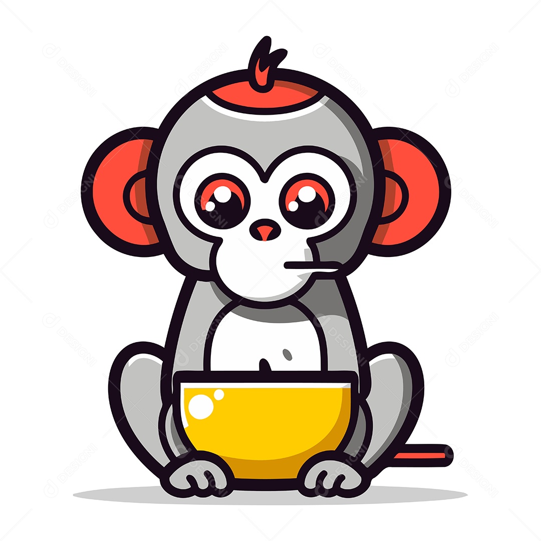 Macaco com Tigela de Desenho Animado Ilustração Vetor EPS