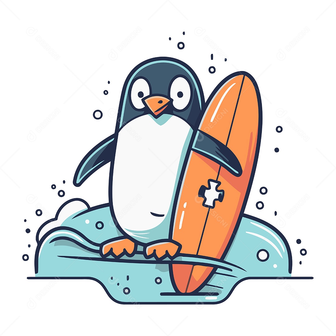Pinguim Fofo com Prancha de Surfe Ilustração Vetor EPS