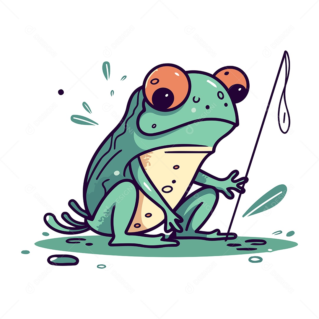Sapo com Vara de Pesca Desenho Animado Ilustração Vetor EPS