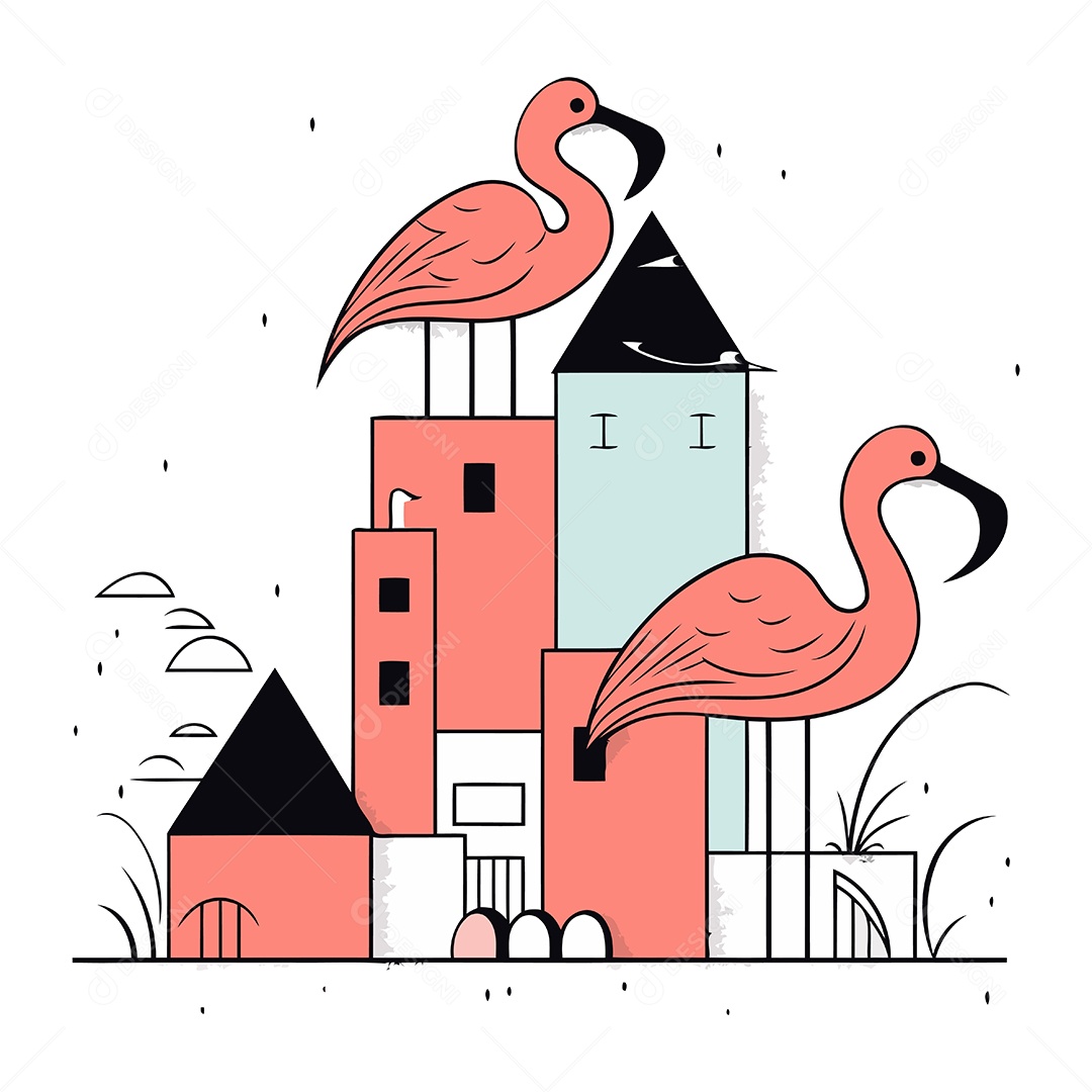 Flamingo na Cidade de Desenho Animado Ilustração Vetor EPS