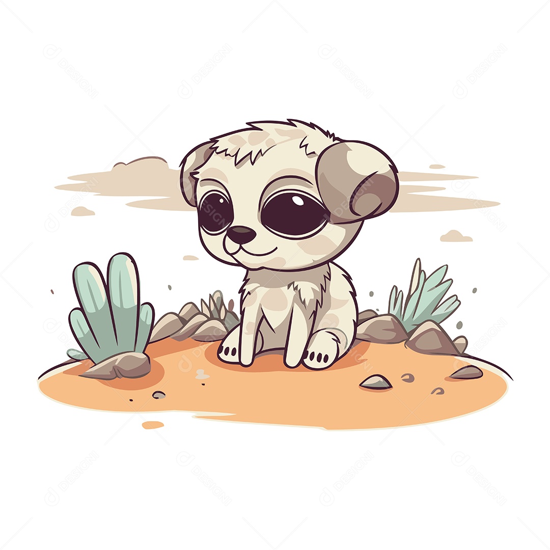 Cão Pug Fofo Sentado na Areia de Desenho Animado Ilustração Vetor EPS