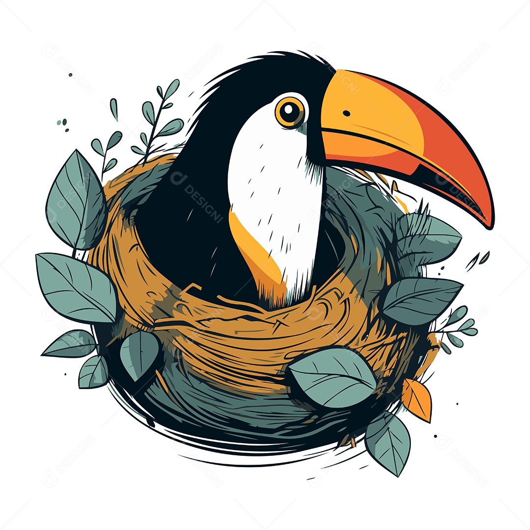 Pássaro Tucano no Ninho de Desenho Animado Ilustração Vetor EPS