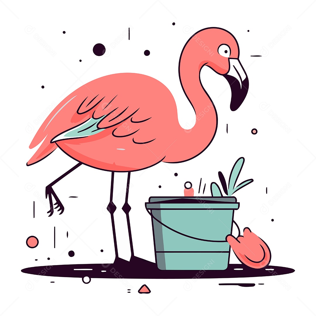 Flamingo e Balde com Água de Desenho Animado Ilustração Vetor EPS