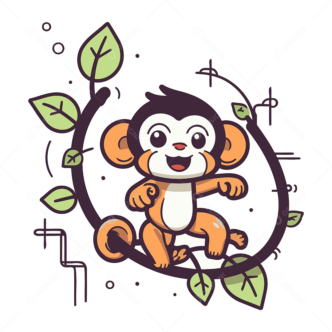 Macaco Fofo Sentado no Galho de Desenho Animado Ilustração Vetor EPS