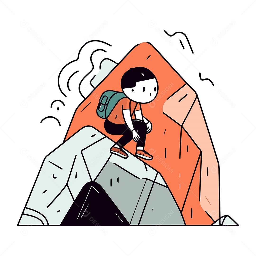 Homem no Topo de uma Montanha Desenho Animado Ilustração Vetor EPS