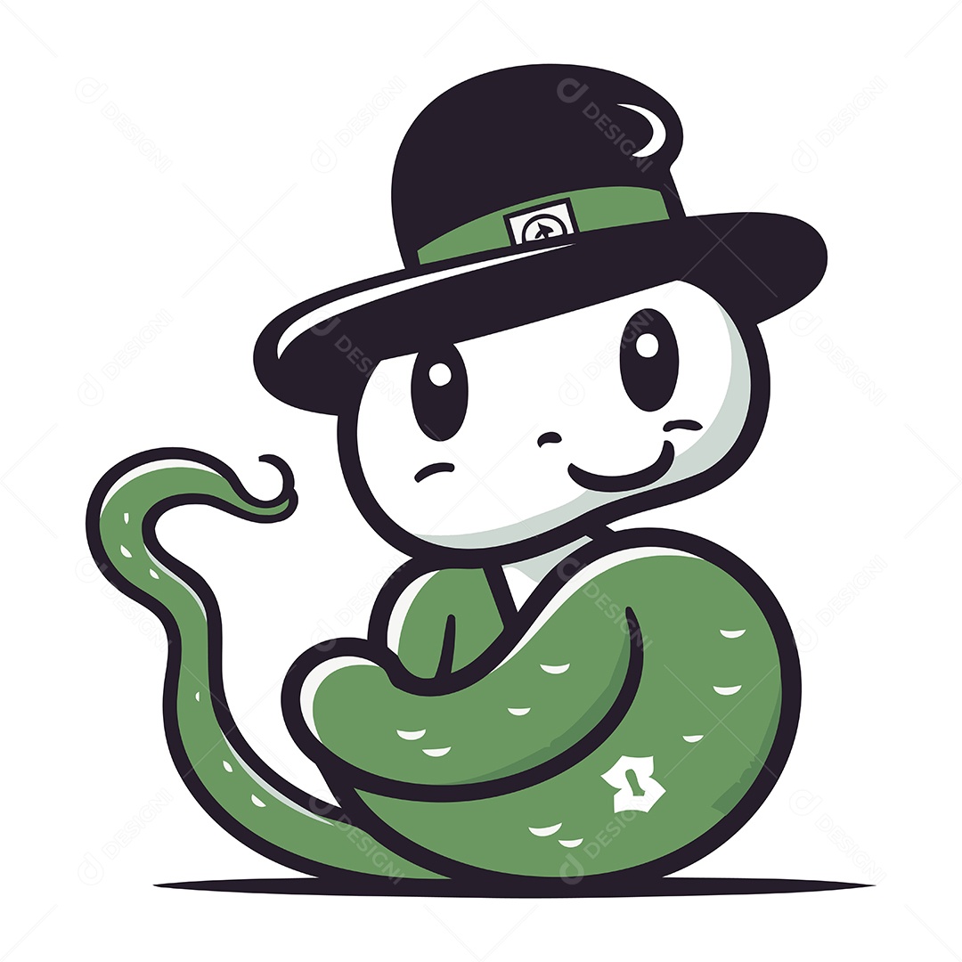 Cobra Verde Fofa de Desenho Animado com Chapéu Ilustração Vetor EPS