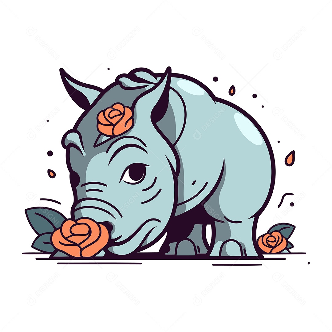 Rinoceronte Fofo com Rosas de Desenho Animado Ilustração Vetor EPS