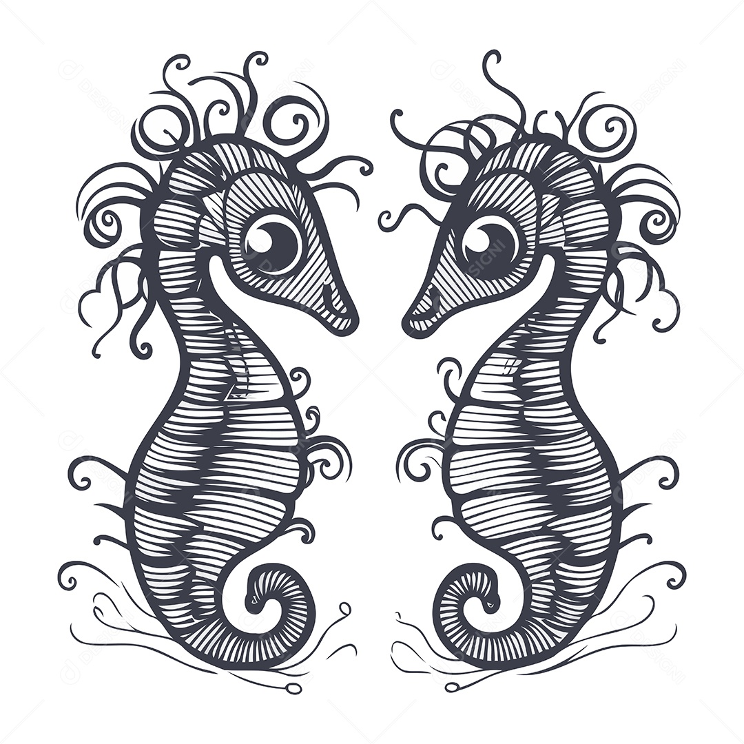 Cavalos Marinhos de Desenho Animado Ilustração Vetor EPS