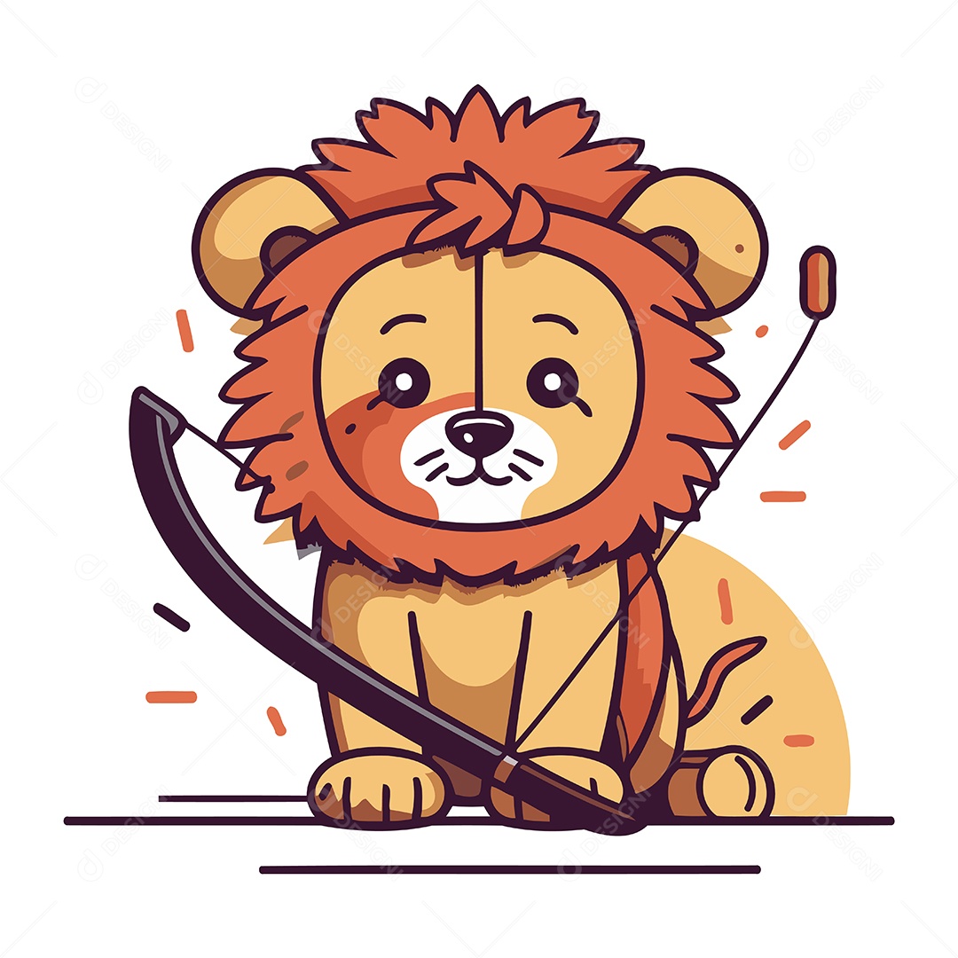 Leão Fofo de Desenho Animado com Arco e Flecha Ilustração Vetor EPS
