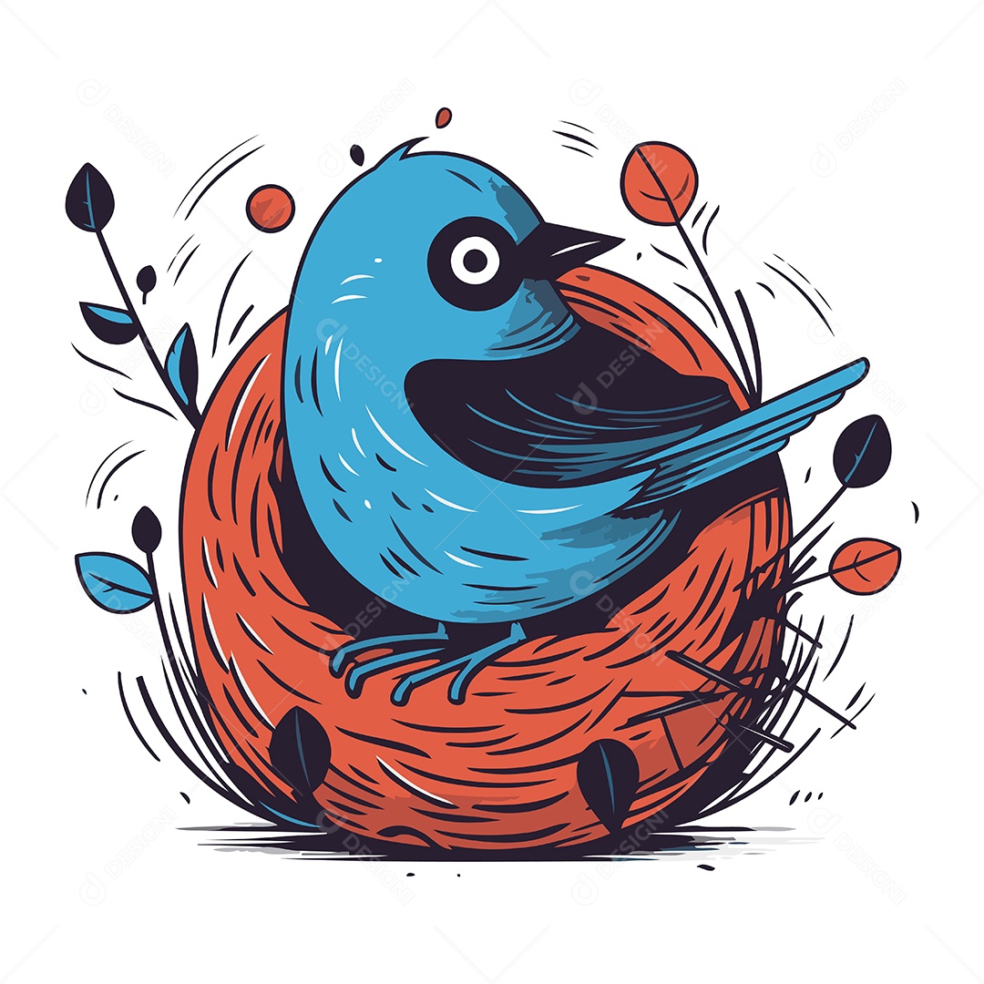 Pássaro Azul em um Ninho de Desenho Animado Ilustração Vetor EPS