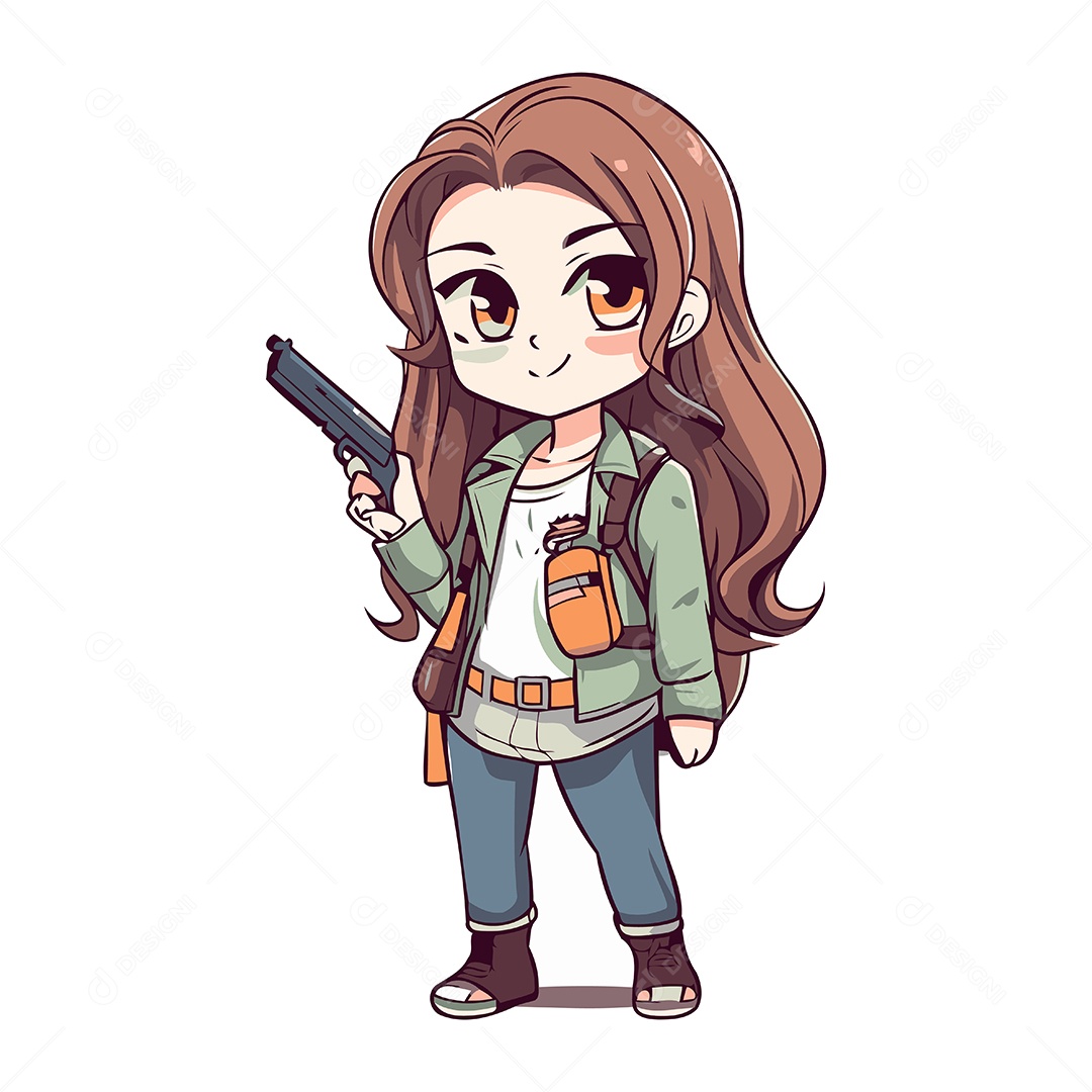 Menina Bonitinha de Desenho Animado com uma Arma Ilustração Vetor EPS