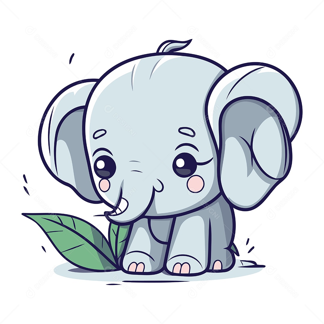 Elefante Bonito de Desenho Animado com Folhas Verdes Ilustração Vetor EPS